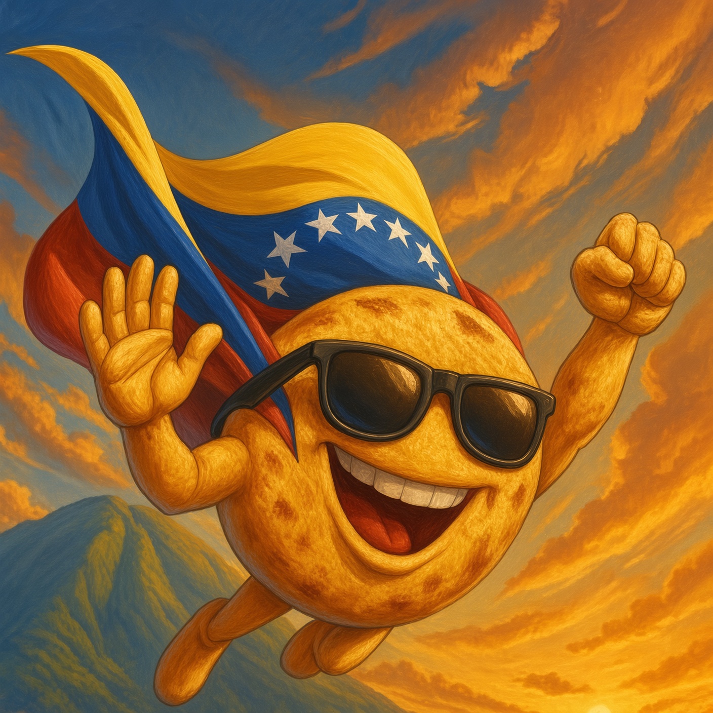 Mascota de Veneka: una arepa dorada con lentes oscuros y una capa con los colores de Venezuela, volando al atardecer.